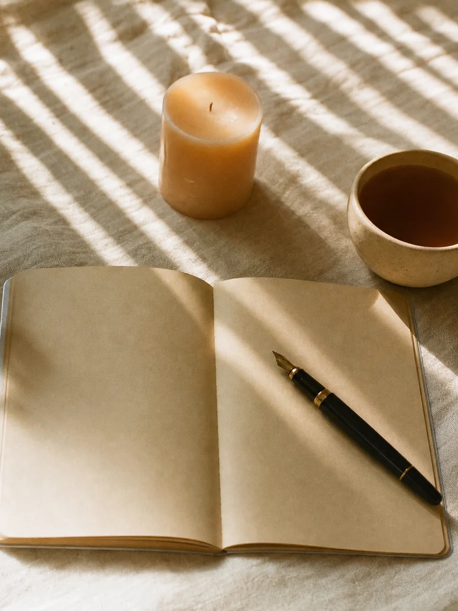 Mesa con lino, un cuaderno abierto, una taza de cerámica y eucalipto seco, con la luz de la persiana cruzando la tela.